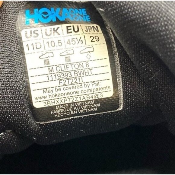 Hoka One One Clifton 8 Men's Size 11D Running Black Lace Up Sneakers Trainers - Picture 12 of 12